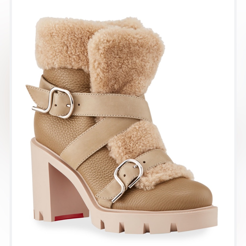 Christian Louboutin Pole Chic Shearling Red Sole Combat Booties 37